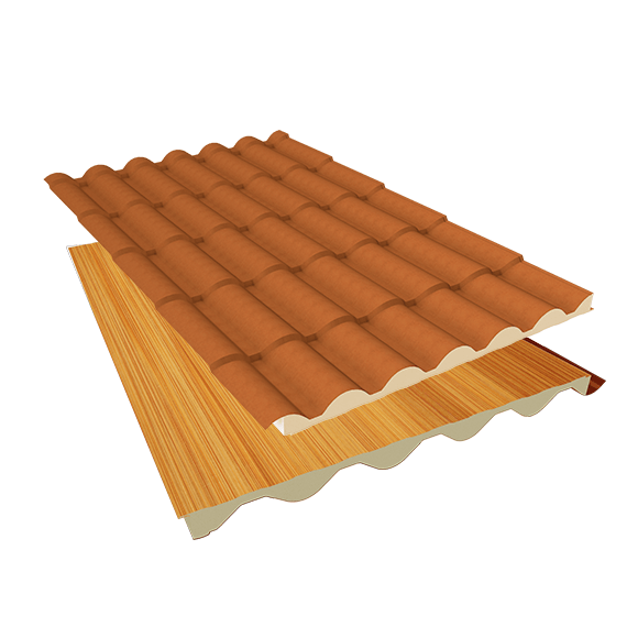 Isotelha Colonial Térmica Sanduíche Terra Cota com Forro Madeira Clara - Núcleo em PIR 40 mm